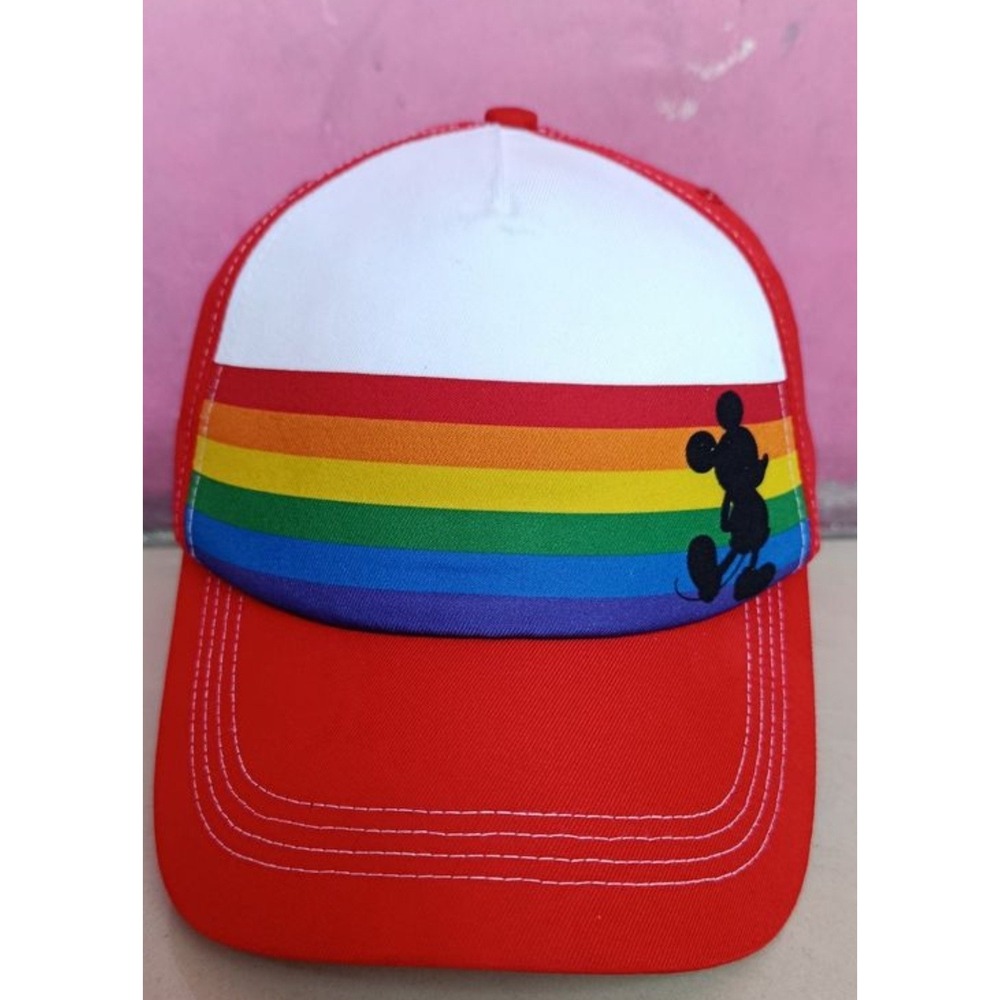 Disney Parks Mickey Mouse Rainbow Pride Trucker Hat Red White Adjustable Cap